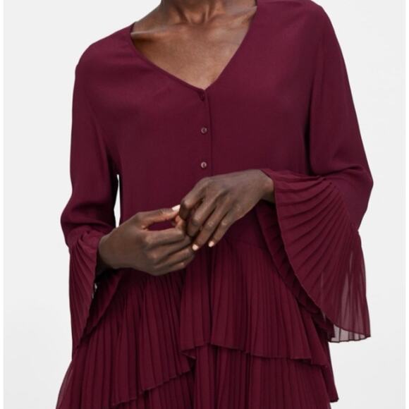 ZARA WOMAN PLEATED BLOUSE TUNIC DRESS WINE BURGUNDY SZ L - Picture 1 of 6